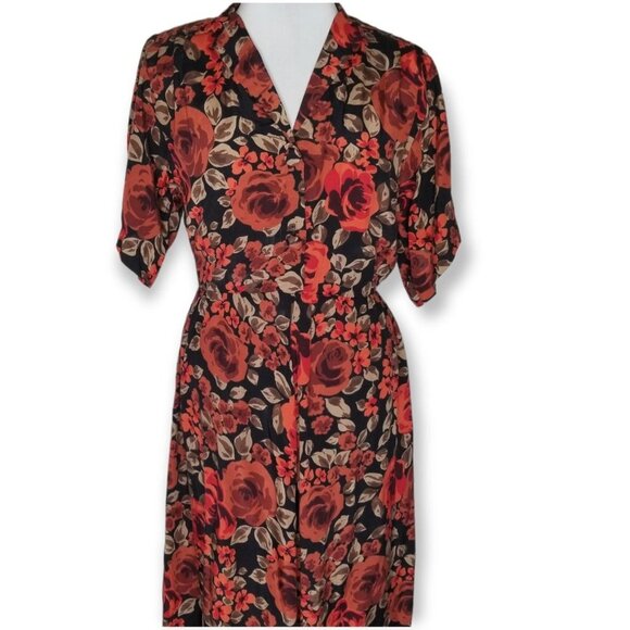 Vintage Modest Black Collared Midi Dress With Orange Flowers Elastic Waist - Picture 4 of 10